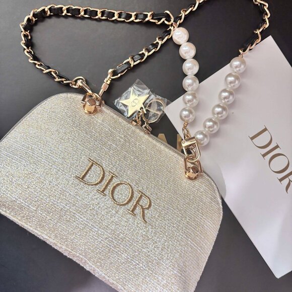 Dior Beauty Cosmetic Bag Toiletry Pouch Tan Gold *** The custom added chains - Picture 1 of 4